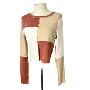 She + Sky cropped long sleeve ribber top patcheork exposed seams size Large NWT